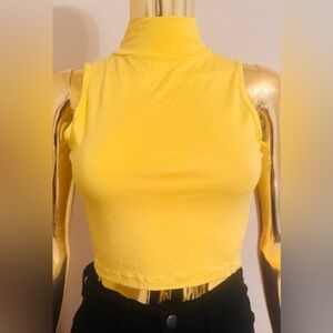 Arden B Sunny Yellow Backless Crop Top Mock Turtleneck, Size M